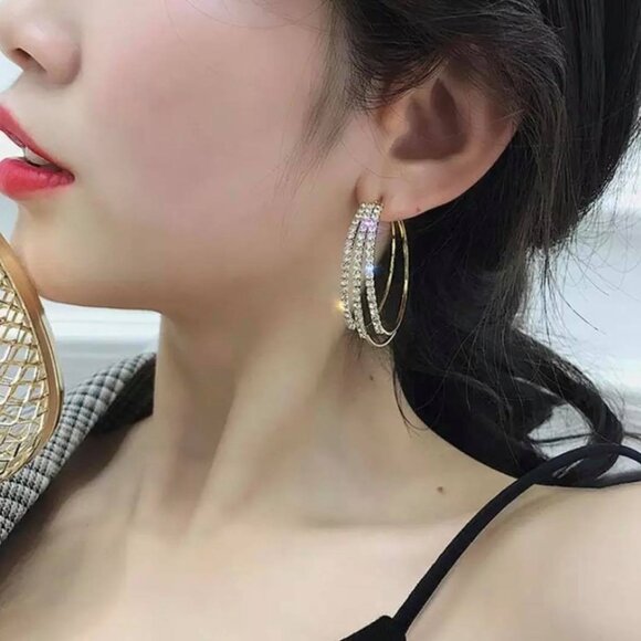 Bundle of 2 Women's Gold Triple Layered Hoop Earrings with Accenting Rhinestones - Picture 2 of 3